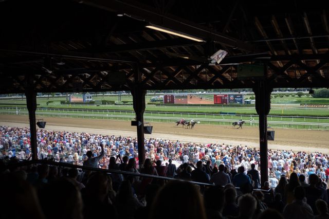packed stands at a horse race